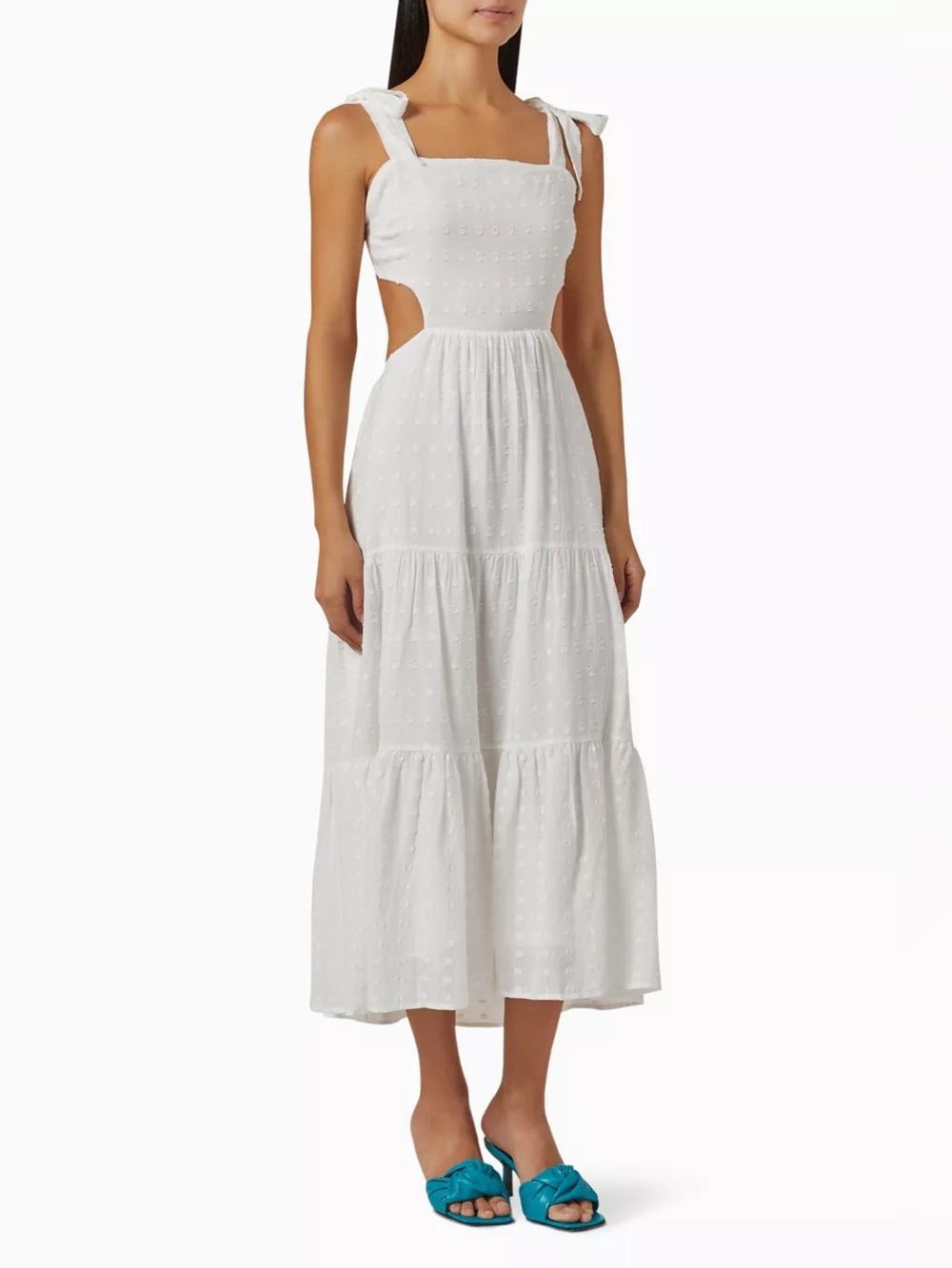 Tie-Shoulder White Midi Dress with Cutout Detail